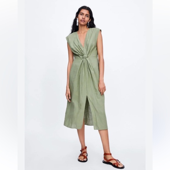Zara Dresses & Skirts - Zara Linen Blend Front Knot Slit Midi Lightweight Coastal Green Dress Size Small